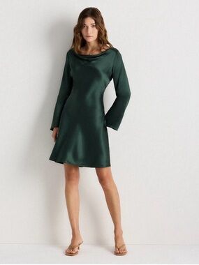Quince Washable Silk Cowl Neck Long Sleeve Mini Dress Forest Green XS NWOT